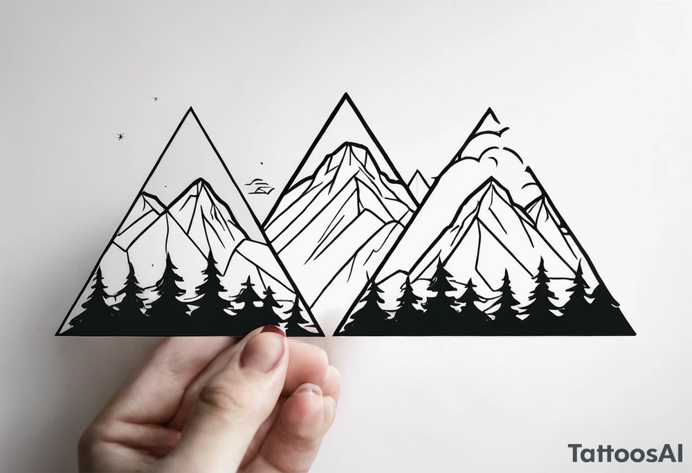 Black line tattoo with three different sizes triangles forming a mountain range with three trees tattoo idea Black line tattoo with three different sizes triangles forming a mountain range with three trees tattoo idea