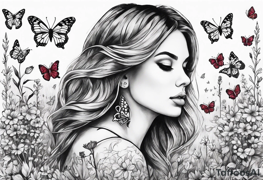Wildflower field with "Ruby" in calligraphy font and butterflies around it tattoo idea