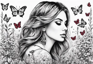 Wildflower field with "Ruby" in calligraphy font and butterflies around it tattoo idea