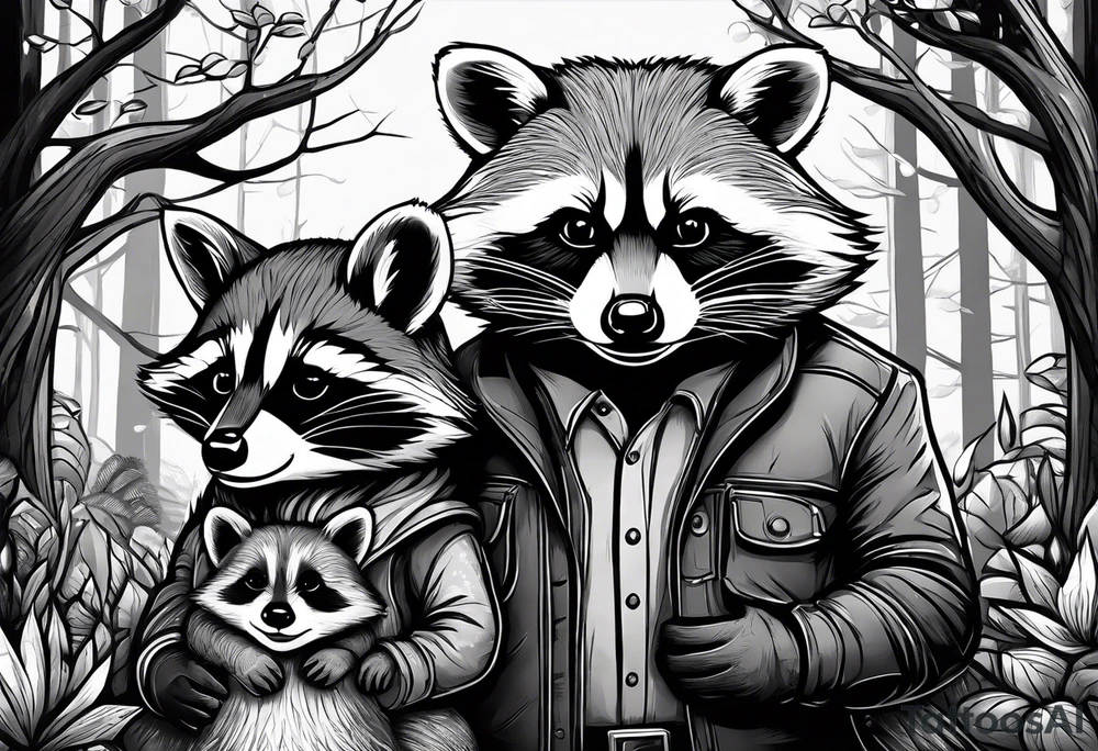 Very detailed Raccoon Husband with wife and child.
Background modern House between woods tattoo idea