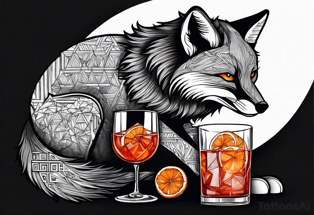 fox with one Negroni in short lowball cocktail glass with ice and orange peel in black tshirt and jeans tattoo idea