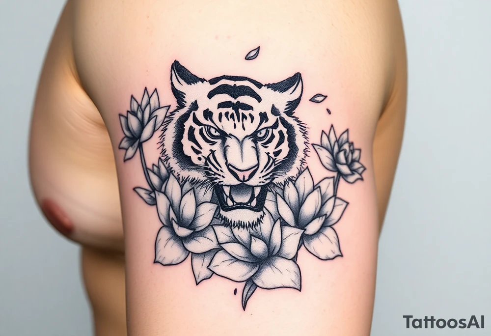 fierce tiger emerging through blooming lotus flowers in mist tattoo idea
