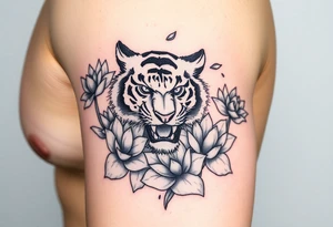 fierce tiger emerging through blooming lotus flowers in mist tattoo idea