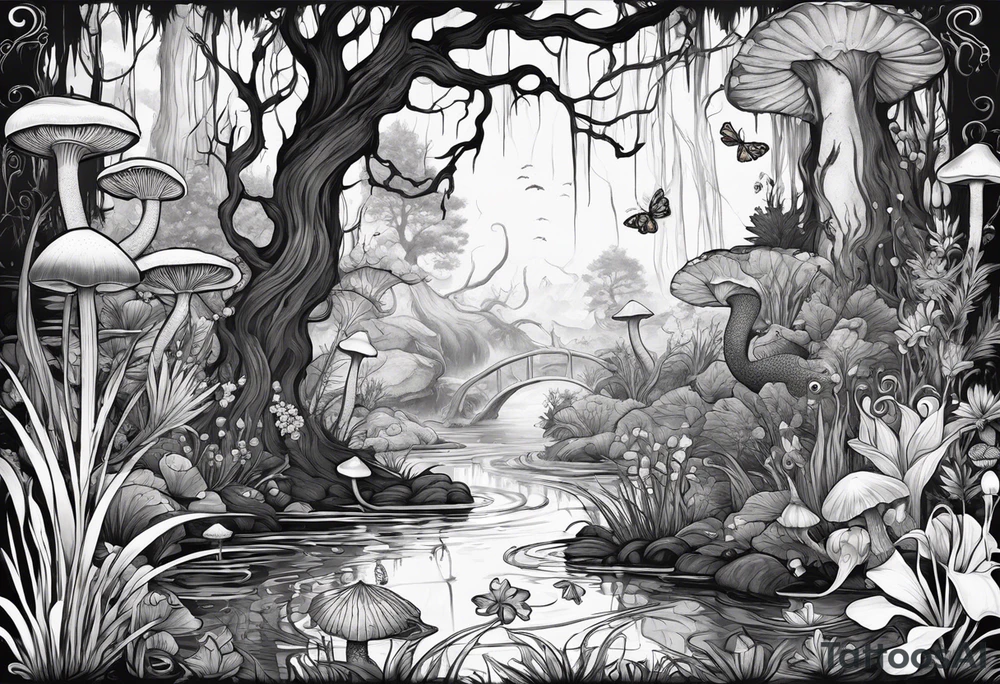 A swamp that has a mermaid in the middle with cypress trees, mushrooms, wild flowers, lily pads, frogs, and bugs all around. tattoo idea