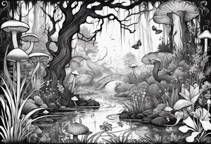 A swamp that has a mermaid in the middle with cypress trees, mushrooms, wild flowers, lily pads, frogs, and bugs all around. tattoo idea