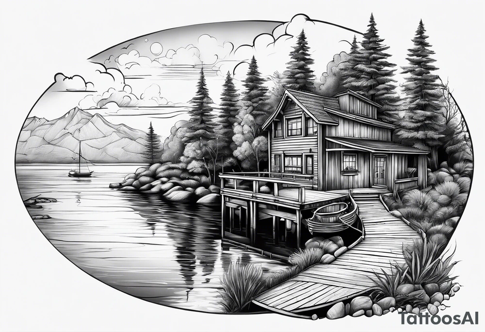 Lake view with wharf tattoo idea