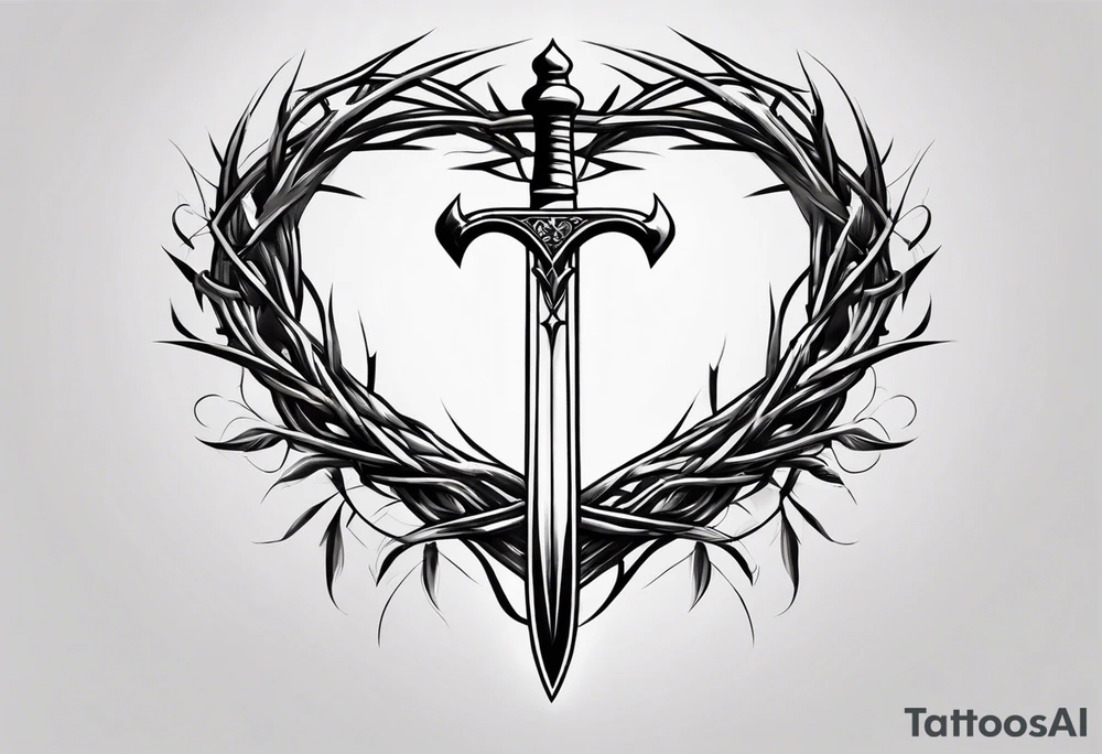 A simple design of a crown of thorns resting on the guard of a sword that is piercing a heart tattoo idea