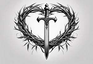 A simple design of a crown of thorns resting on the guard of a sword that is piercing a heart tattoo idea