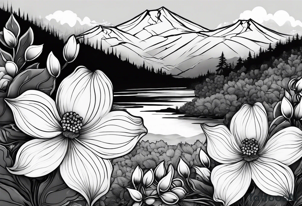 Dogwood flowers and mountains tattoo idea