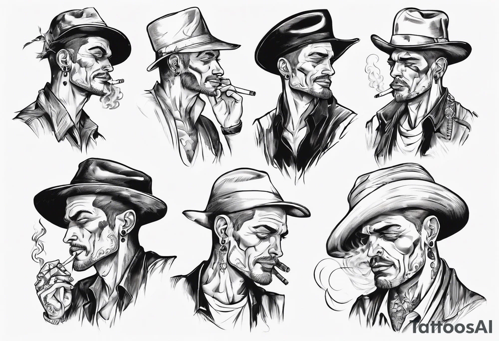 One handsome full-length man without a hat, with earrings in his ears stands smoking a cigarette tattoo idea