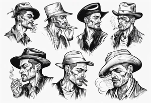 One handsome full-length man without a hat, with earrings in his ears stands smoking a cigarette tattoo idea
