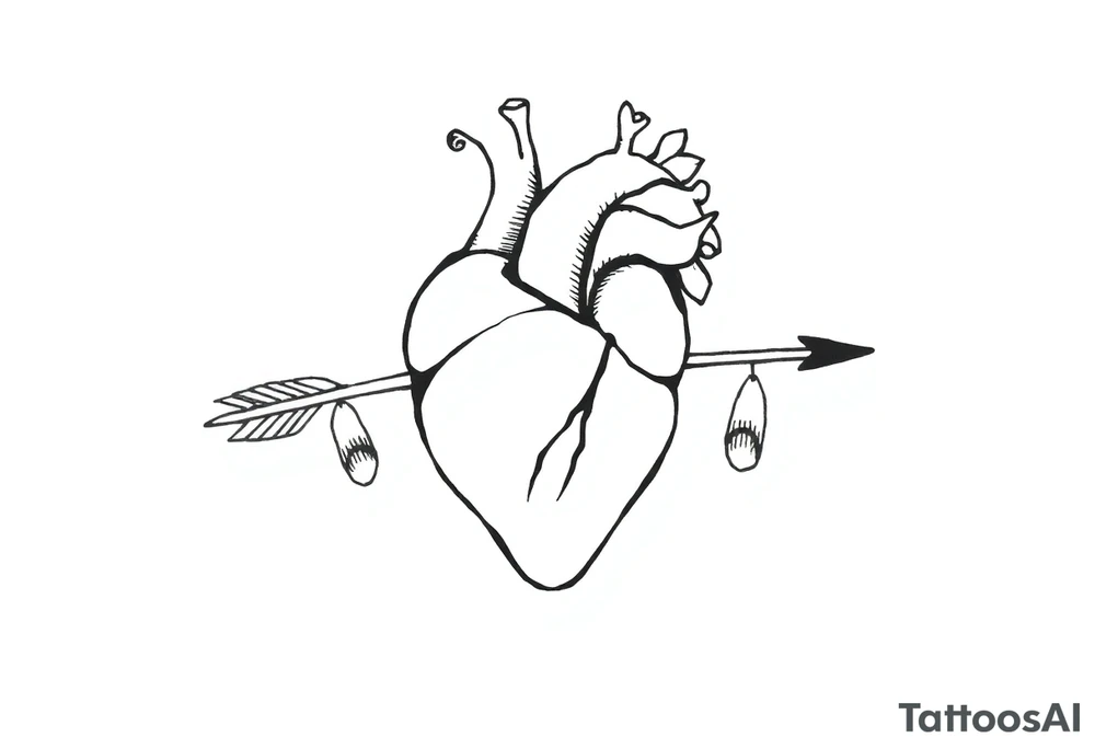 anatomical heart pierced by ornate arrow with flowing ribbons tattoo idea