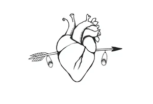 anatomical heart pierced by ornate arrow with flowing ribbons tattoo idea