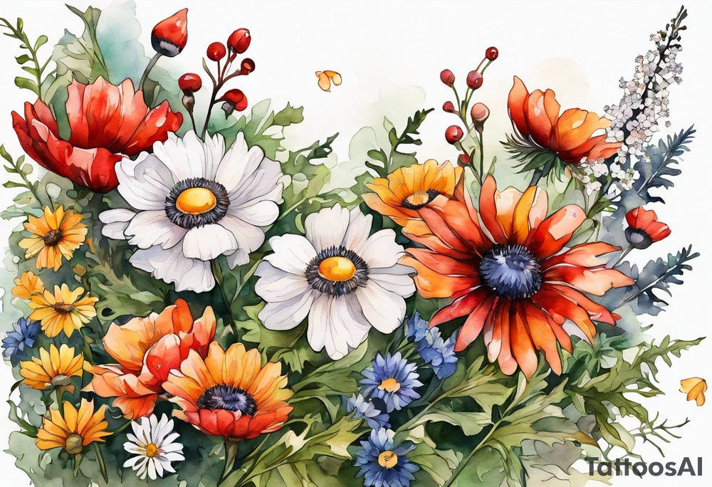 simple wildflowers cascading with thistles, ferns, white anemones, sun flowers, red flowers, black flowers, buttercups, orange flowers, babys breath and daisies all in watercolor tattoo idea
