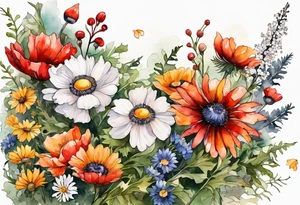 simple wildflowers cascading with thistles, ferns, white anemones, sun flowers, red flowers, black flowers, buttercups, orange flowers, babys breath and daisies all in watercolor tattoo idea