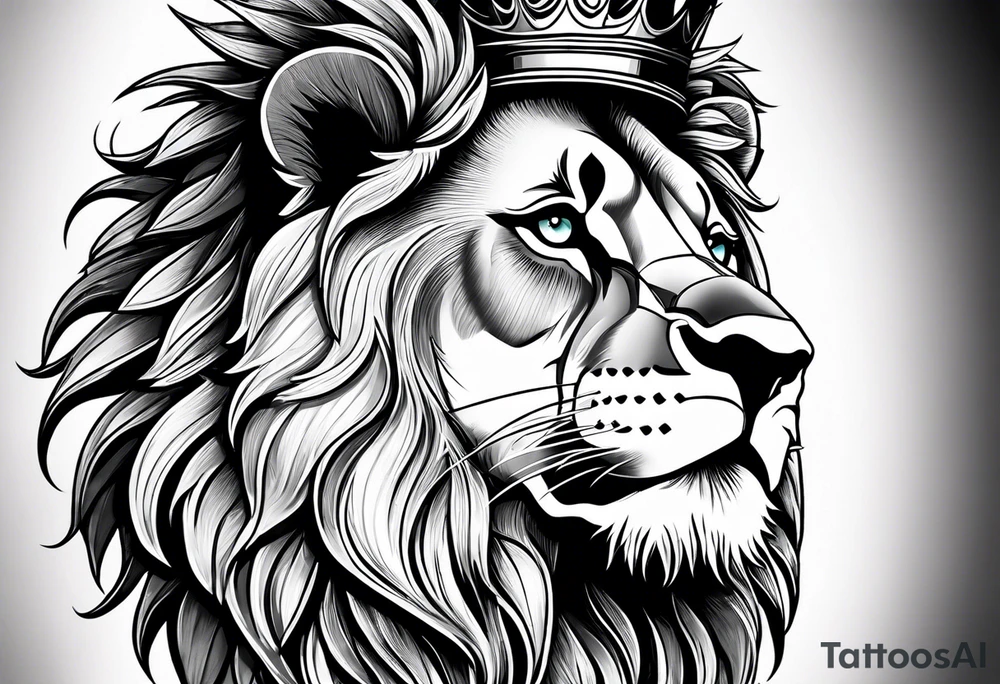 lion with crown on the head and sparkling eyes tattoo idea