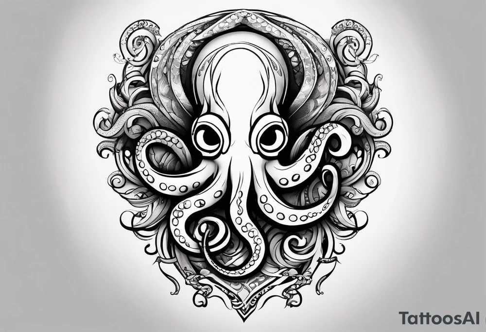 Tribal half sleeve octopus with ribbons around it filled with fish and water waves tattoo idea