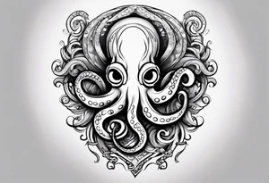 Tribal half sleeve octopus with ribbons around it filled with fish and water waves tattoo idea
