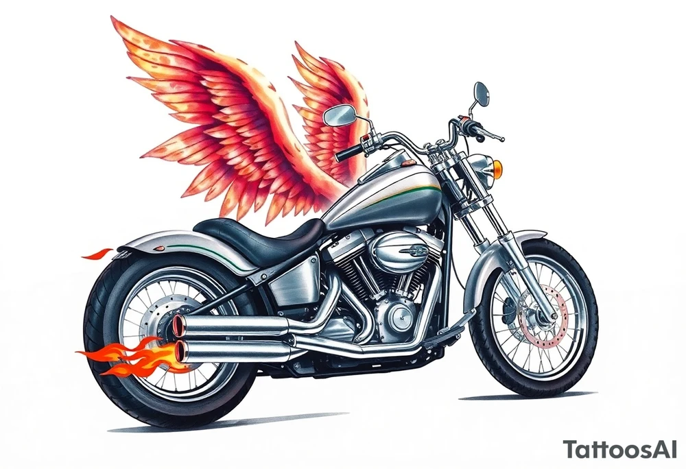 Low rider grey motorcycle, big muffler pipes with flames, angel wings, driving away, no person tattoo idea