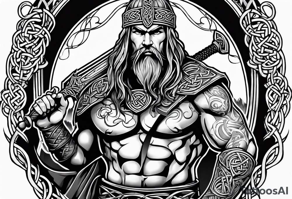 Celtic warrior facing left with sword drawn and irish background tattoo idea
