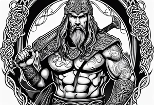 Celtic warrior facing left with sword drawn and irish background tattoo idea