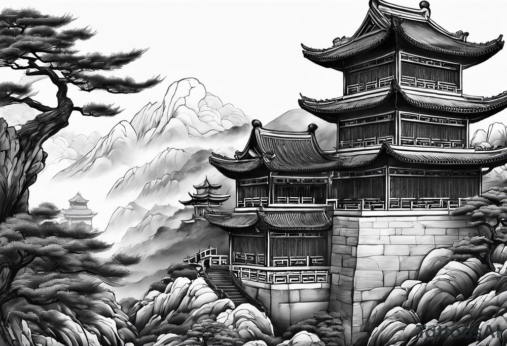 Chinese wall, realistic, art, sideview, highlight tattoo idea