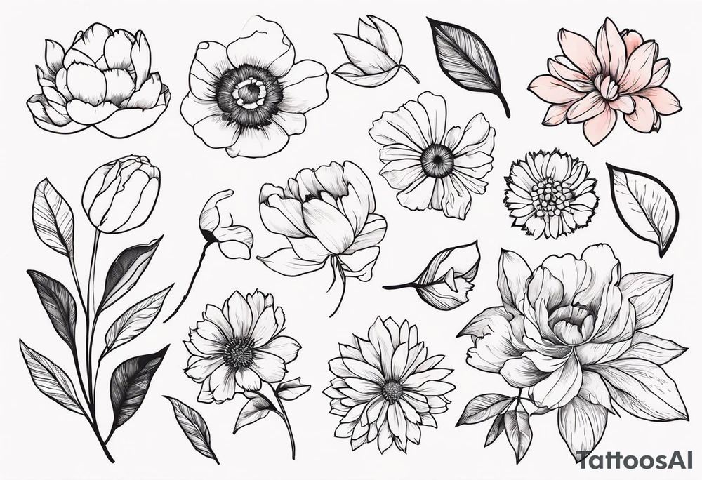 peony, calendula, sunflower, tulip, cherry blossom, ginko leaf tattoo idea