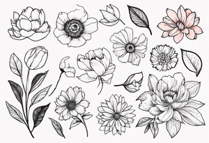 peony, calendula, sunflower, tulip, cherry blossom, ginko leaf tattoo idea