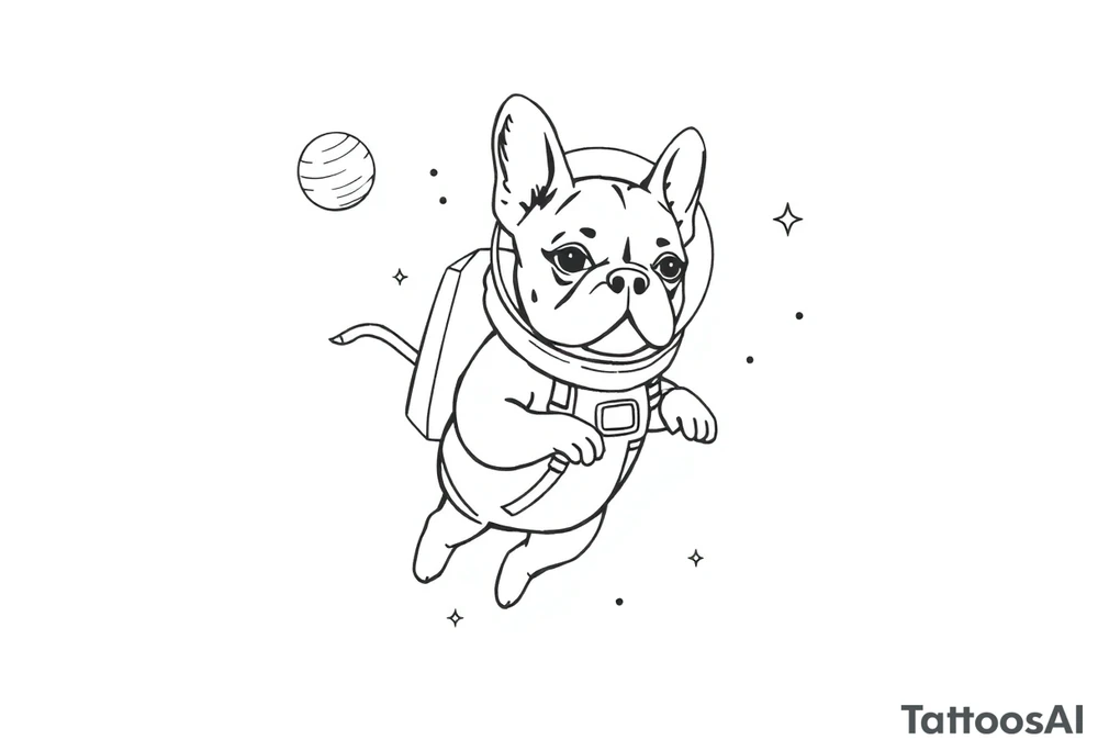 a space themed tattoo of my french bulldog mars. include elements in space like planets and stars. mars should be depicted as a astronaut in a spaceship flying through space tattoo idea