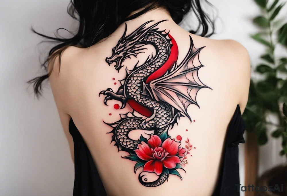 Quiero un tatuaje en toda la espalda con dos dragones verticales uno en frente del otro (uno con cara fiera y el otro con cara amable), con un sol o luna rojo en medio, y otros detalles de letras en japonés y flores pequeñas tipo flor de cerezo (en rojo y negro) tattoo idea