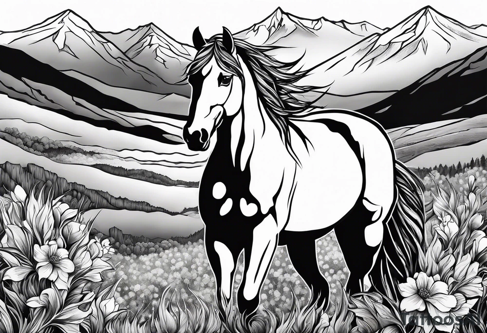 Wild horse, mountain background, feather, flowers, western tattoo idea