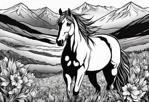 Wild horse, mountain background, feather, flowers, western tattoo idea