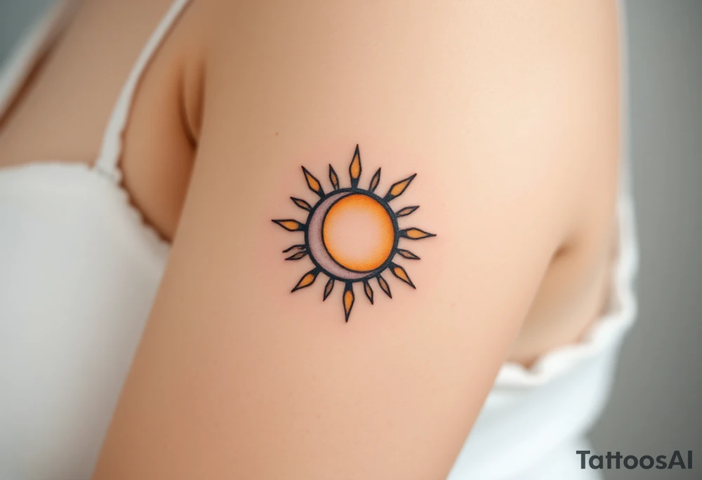 A glowing sun and a tiny crescent moon intertwined, in soft golden and silver tones, symbolizing the balance of parent and child tattoo idea