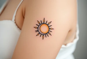 A glowing sun and a tiny crescent moon intertwined, in soft golden and silver tones, symbolizing the balance of parent and child tattoo idea
