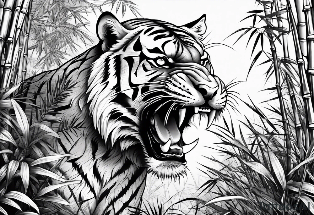 Snarling Tiger in bamboo forest tattoo idea
