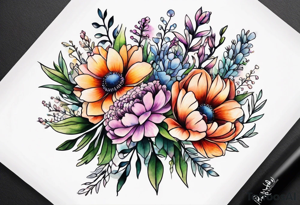 wildflower minimalist bouquet tattoo idea