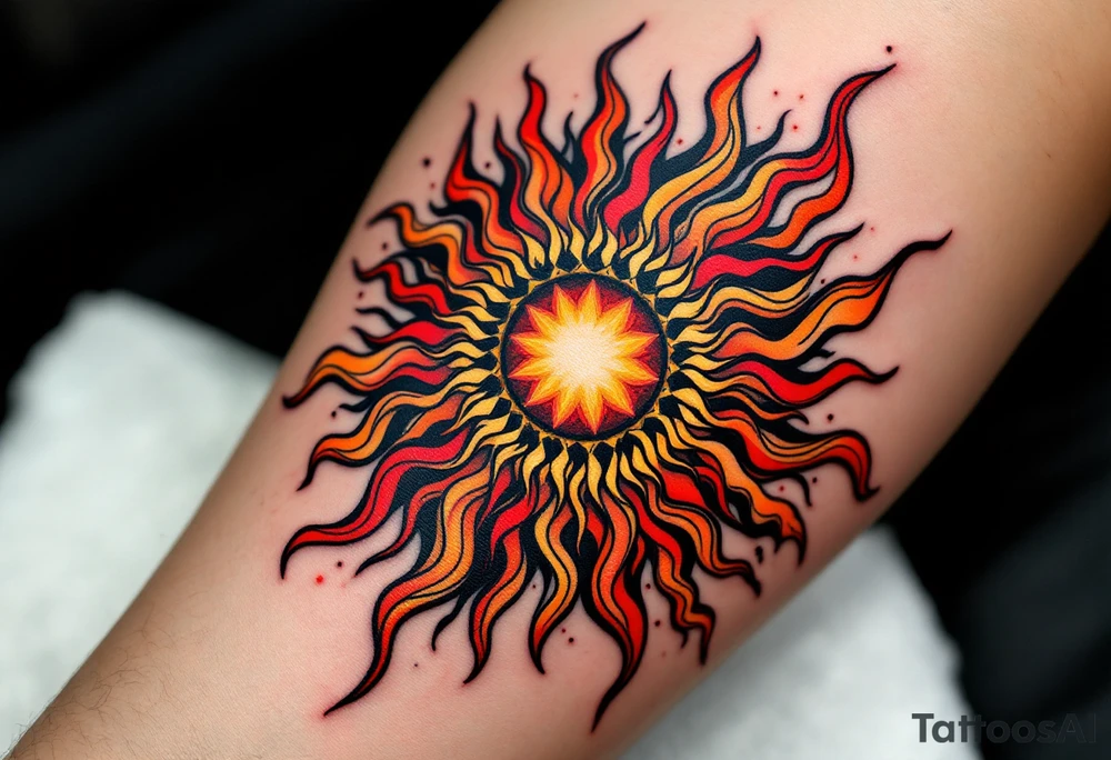 The fiery blend of red, yellow, and black in this Celtic sun tattoo creates a tribal blaze on the thigh. tattoo idea