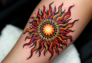 The fiery blend of red, yellow, and black in this Celtic sun tattoo creates a tribal blaze on the thigh. tattoo idea