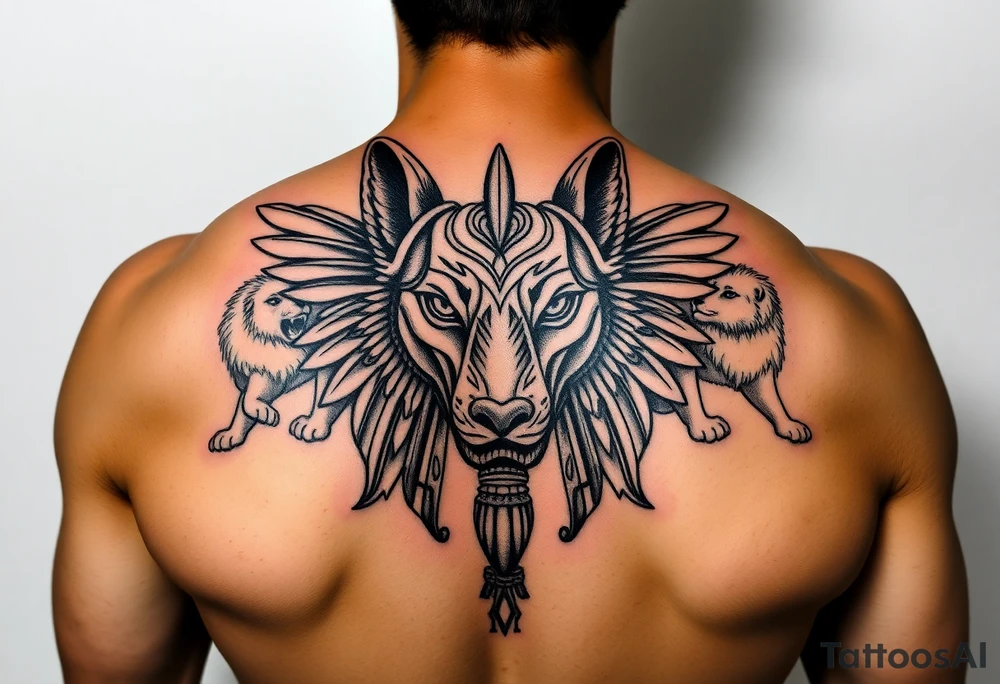 Egyptian Anubis god face muscle in Egypt style dog face surrounded Egyptian symbols and lions tattoo idea