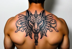 Egyptian Anubis god face muscle in Egypt style dog face surrounded Egyptian symbols and lions tattoo idea