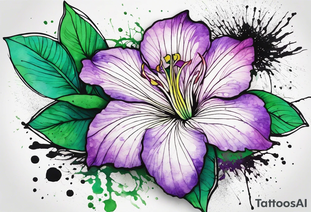 A mystical outline of a rio dipladenia flower and a green/purple watercolor splash in the background tattoo idea