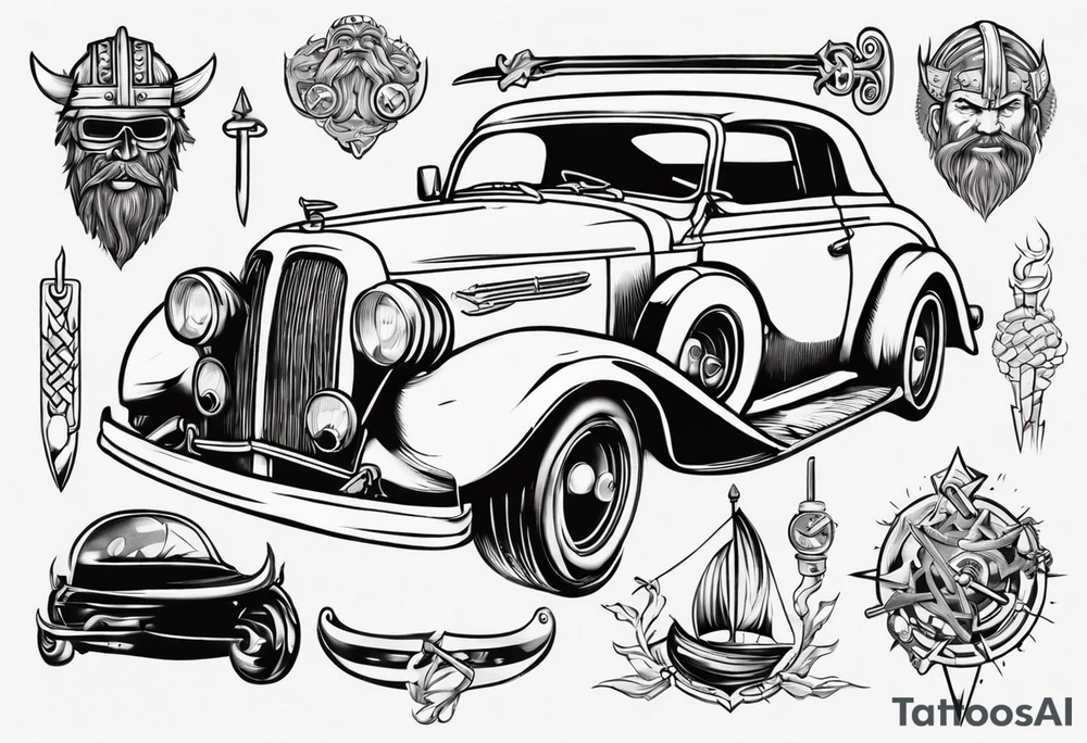A Viking working on a vintage car tattoo idea