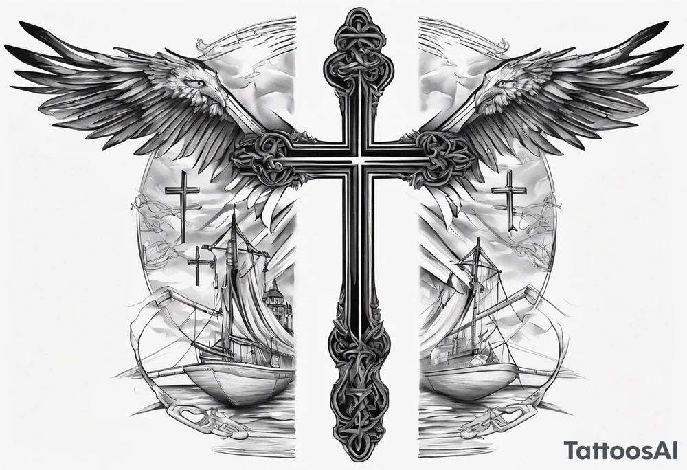 Inner bicep, stretched horizontally, bridge leading to a cross tattoo idea