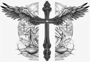 Inner bicep, stretched horizontally, bridge leading to a cross tattoo idea