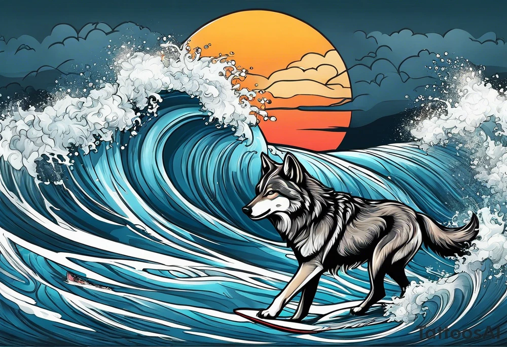 a pack muscular of gray wolves surfing tattoo idea
