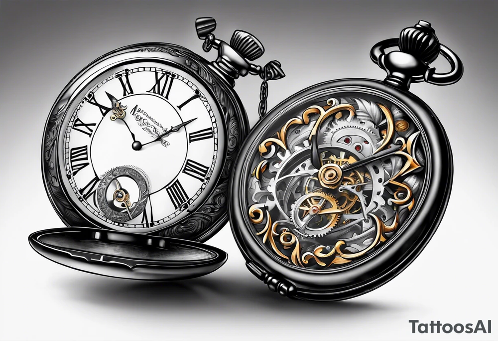 Old school pocket watch exploded showing inner mechanism tattoo idea