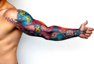 full left arm sleeve dedicated to my son with autism full color giving him the world tattoo idea