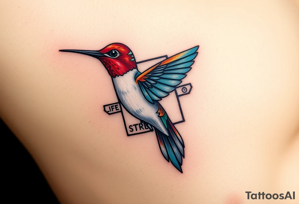 A hummingbird flying through a cartouche (Egyptian nameplate) that spells out a meaningful word like “Life” or “Strength.”(only red , blue and black are possible colors) tattoo idea