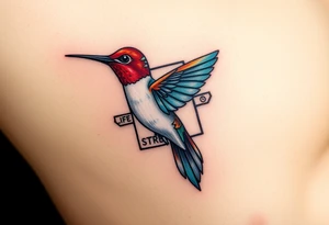 A hummingbird flying through a cartouche (Egyptian nameplate) that spells out a meaningful word like “Life” or “Strength.”(only red , blue and black are possible colors) tattoo idea