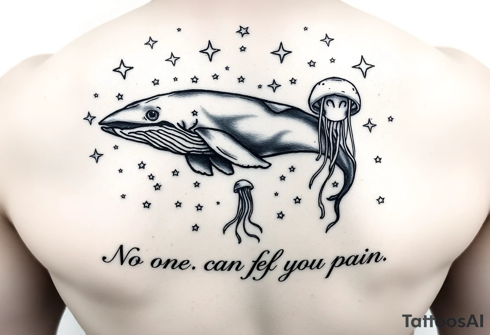52hz Whale and jellyfish among the stars with the words No one can feel your pain 8x8 size tattoo idea